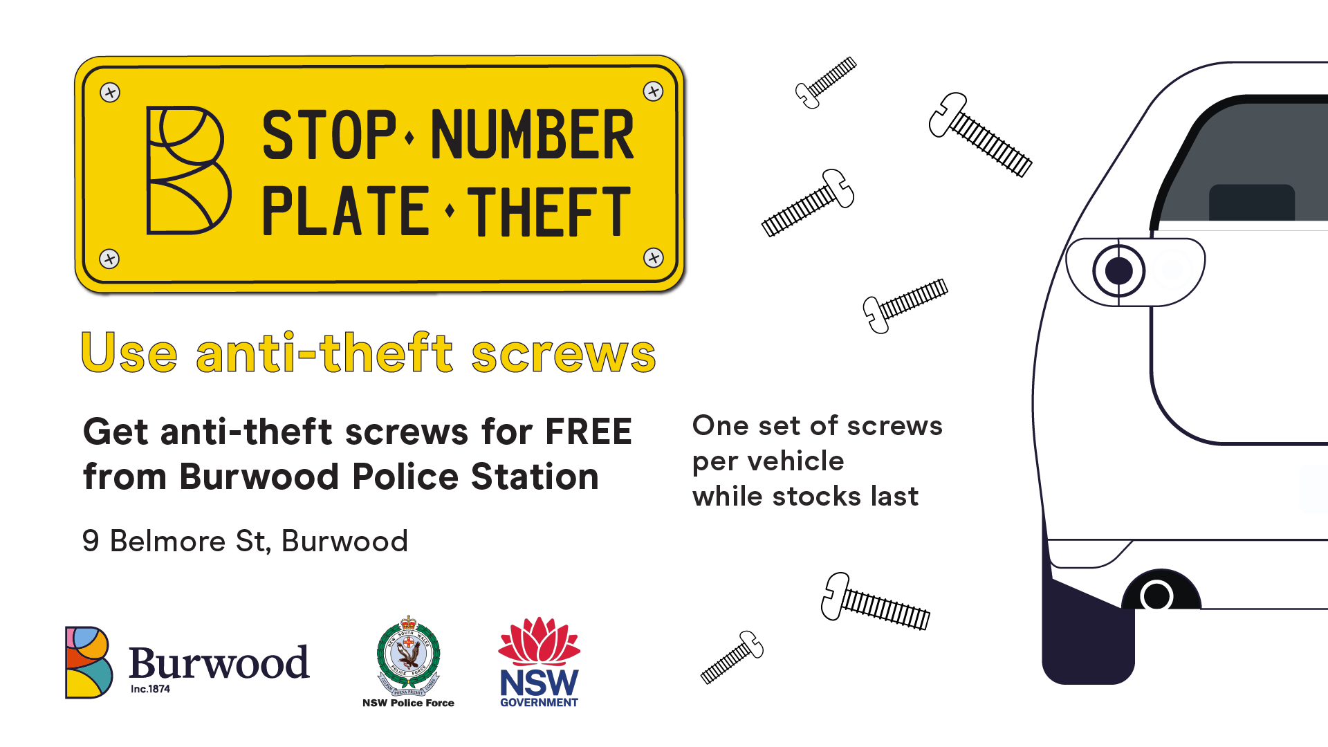 Number plate graphic with Burwood logo and 'Stop number plate theft' written on it. Black and white outlined car and screws graphic